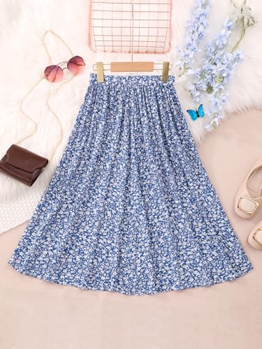 Seechoslo New 6-14 Years Girls Floral Maxi Skirt Boho Flowy A-Line Summer Midi Skirt with Elastic Waist (US, Age, 13 Years, 14 Years, Blue) - Image 3