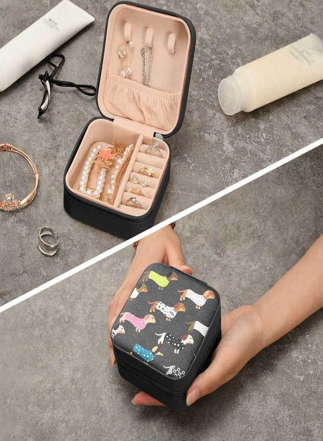 ZZKKO Dachshund Dog in Clothes Small Jewelry Box Travel Jewelry Case Leather Jewelry Travel Organizer Mini Portable Storage Boxes for Womens Rings Necklaces Gifts Black - Image 5
