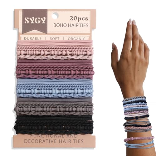 SYGY 20 PCS Boho Hair Ties, Bracelets Hair Ties for Thick or Thin Hair, 4 Styles Boho Ties for Ponytail Holders, 2.36’’ Hair Ties No-Damage, Multicolor - Image 1
