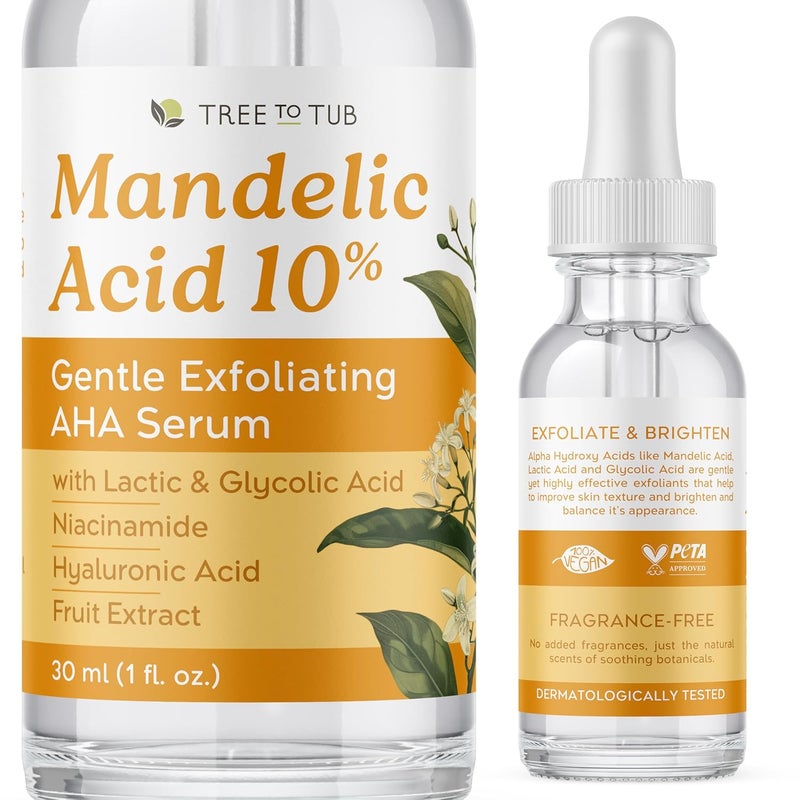 Tree To Tub Mandelic Acid Serum 10 Gentle Exfoliating AHA Serum wLactic Glycolic Acid for Smoother Skin Hyaluronic Acid to Hydrate Vegan Skincare for Men Women - Image 1