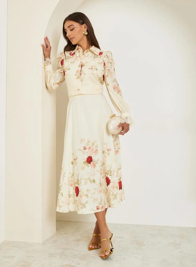 ستايلي Women Cream Floral A-Line Midi Skirt
