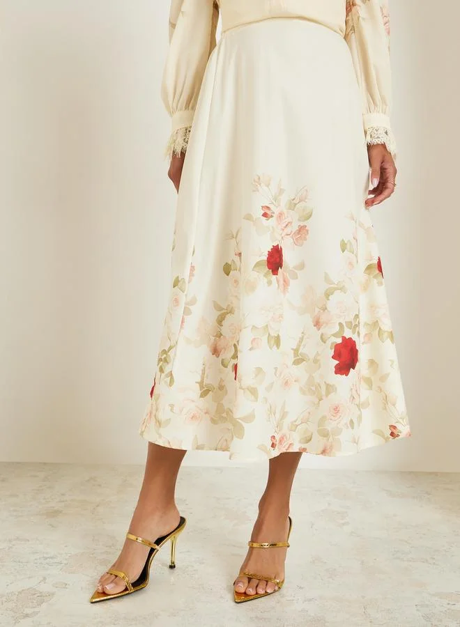 ستايلي Women Cream Floral A-Line Midi Skirt