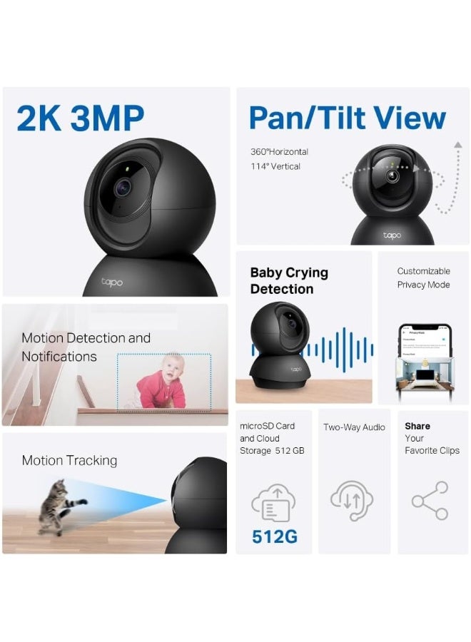 tapo كاميرا أمان داخلية بان/ميل من Tapo TP-Link بدقة 2K لمراقبة الأطفال والحيوانات الأليفة | كشف الحركة والتتبع | صوت ثنائي الاتجاه | تخزين سحابي وبطاقة SD | تعمل مع أليكسا وجوجل هوم | سوداء C211 - Image 2