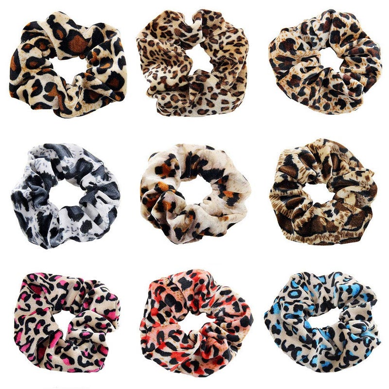 Women's Leopard Scrunchies - Velvet Animal Print Scrunchy Hair Bows - 9 Pack