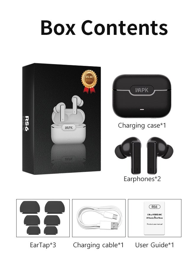 WAPIK - Korean True Wireless Earphones – 6-Mic Hybrid ANC with AI Wind Noise Reduction, -42dB Noise Cancelling, 30H Battery Life, Bluetooth 5.4, IPX5 Waterproof, Powerful Bass - Image 1