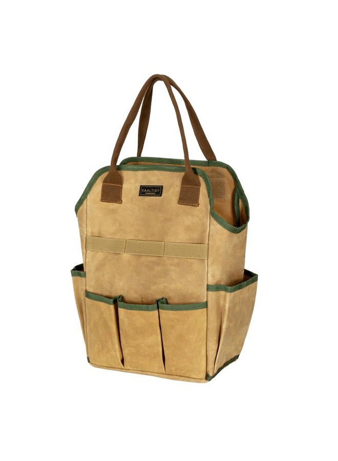 Kaaltisy Canvas Tool Bag, 16OZ Waxed Canvas Garden Tool Tote - with 3 Inner Slots & 8 Outer Pockets & Portable Handle, Gardening Tool Storage Bag for Gardener Florist Workshop - Khaki - Image 1