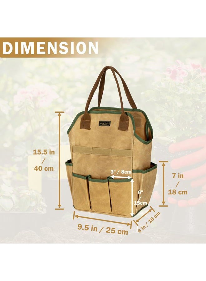 Kaaltisy Canvas Tool Bag, 16OZ Waxed Canvas Garden Tool Tote - with 3 Inner Slots & 8 Outer Pockets & Portable Handle, Gardening Tool Storage Bag for Gardener Florist Workshop - Khaki - Image 2