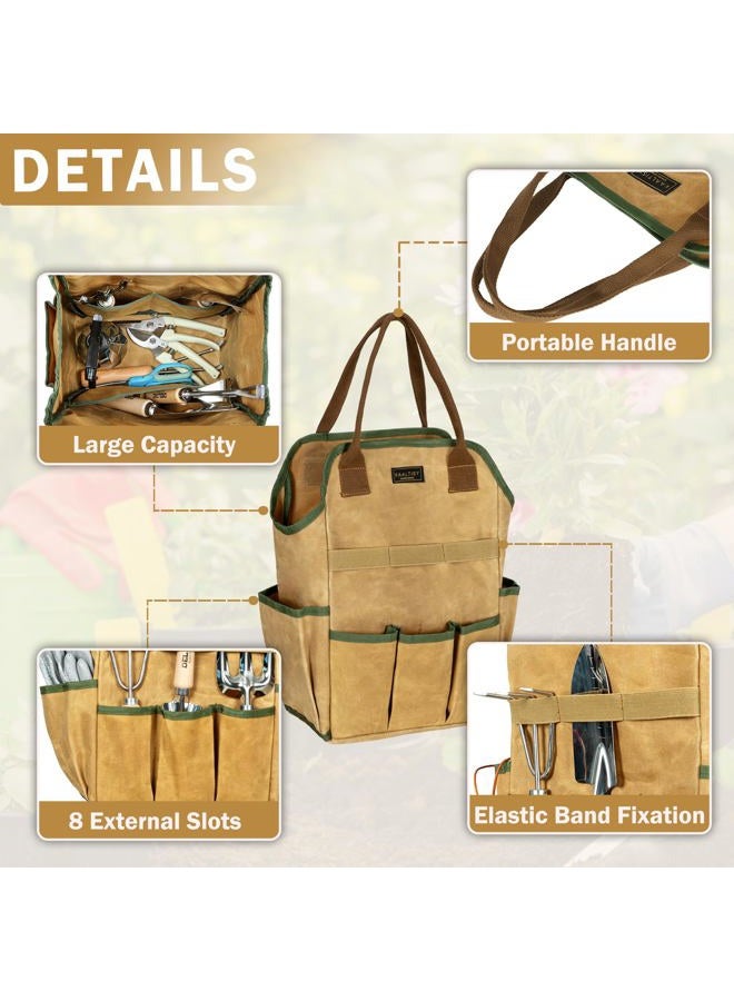 Kaaltisy Canvas Tool Bag, 16OZ Waxed Canvas Garden Tool Tote - with 3 Inner Slots & 8 Outer Pockets & Portable Handle, Gardening Tool Storage Bag for Gardener Florist Workshop - Khaki - Image 4