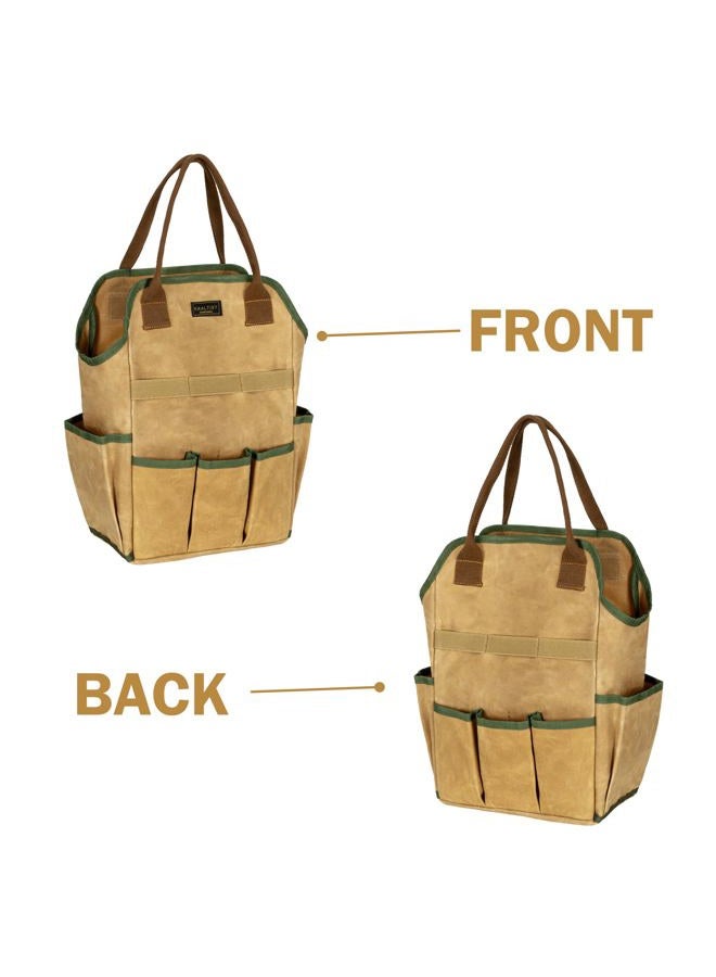 Kaaltisy Canvas Tool Bag, 16OZ Waxed Canvas Garden Tool Tote - with 3 Inner Slots & 8 Outer Pockets & Portable Handle, Gardening Tool Storage Bag for Gardener Florist Workshop - Khaki - Image 5