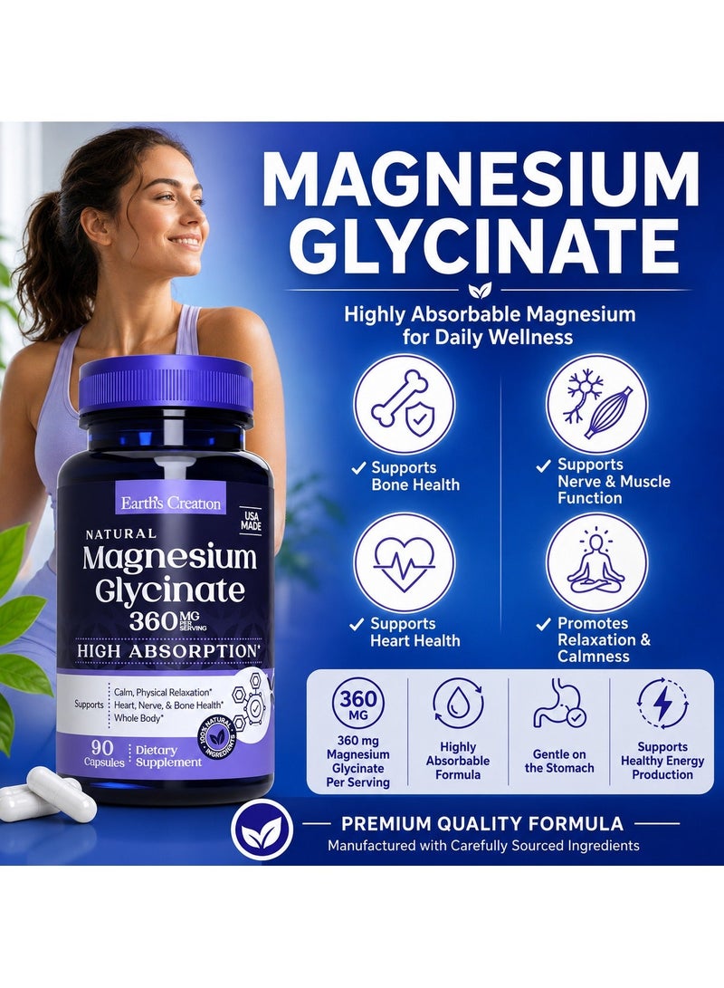 Earth's Creation Magnesium Glycinate 360mg Calm, Physical Relaxation and Heart Nerve Bone Health Whole Body USA Made - Image 3