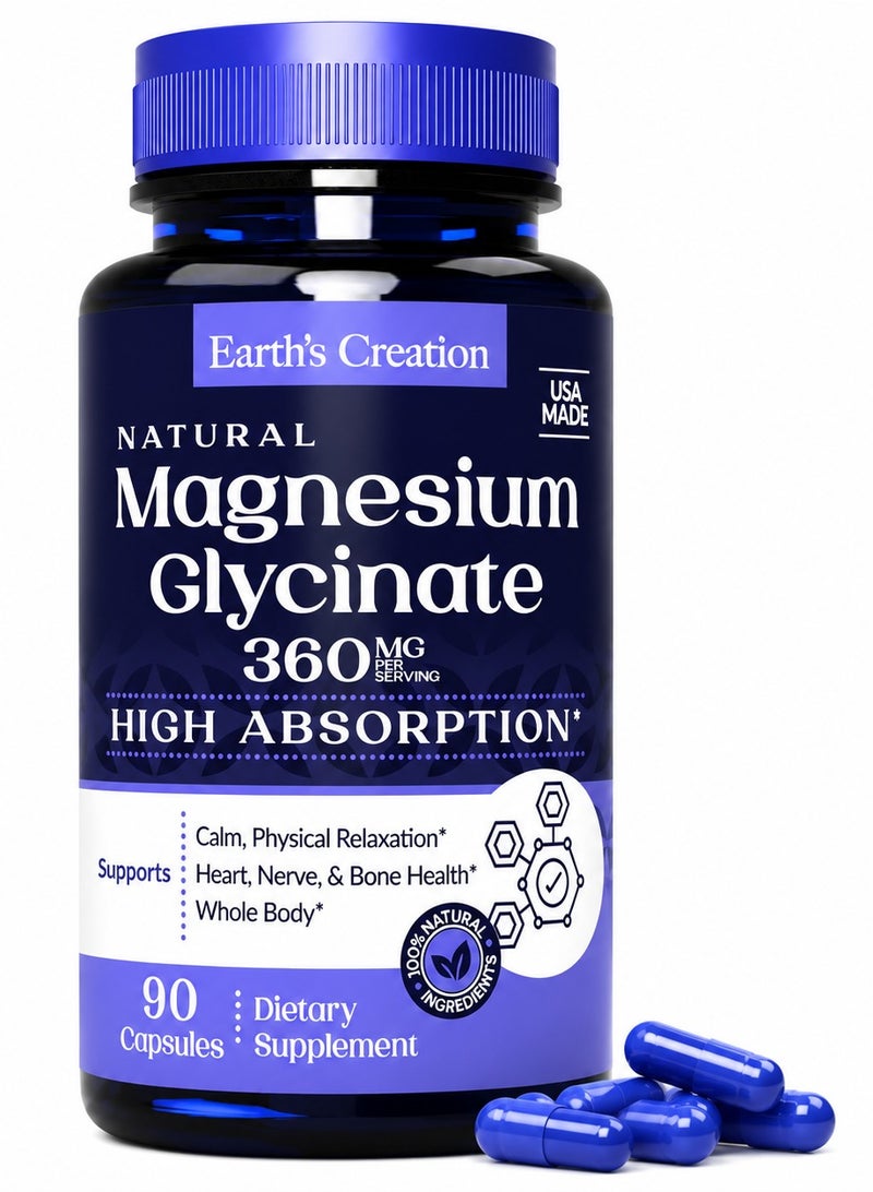 Earth's Creation Magnesium Glycinate 360mg Calm, Physical Relaxation and Heart Nerve Bone Health Whole Body USA Made - Image 1