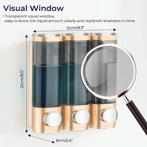 pollock Shampoo Conditioner Dispenser Shower Soap Dispenser 3 Chamber No Drill Shampoo Dispenser for Shower Wall Mounted Shampoo Conditioner Body Wash Dispenser for Bathroom Hotel Gold - Image 5