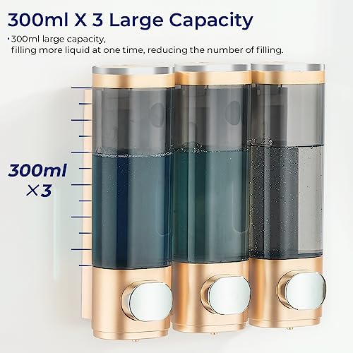 pollock Shampoo Conditioner Dispenser Shower Soap Dispenser 3 Chamber No Drill Shampoo Dispenser for Shower Wall Mounted Shampoo Conditioner Body Wash Dispenser for Bathroom Hotel Gold - Image 3