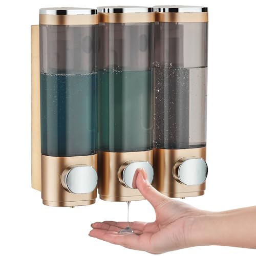 pollock Shampoo Conditioner Dispenser Shower Soap Dispenser 3 Chamber No Drill Shampoo Dispenser for Shower Wall Mounted Shampoo Conditioner Body Wash Dispenser for Bathroom Hotel Gold - Image 1