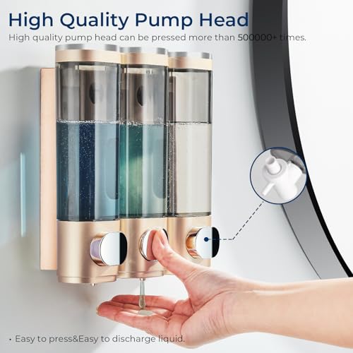 pollock Shampoo Conditioner Dispenser Shower Soap Dispenser 3 Chamber No Drill Shampoo Dispenser for Shower Wall Mounted Shampoo Conditioner Body Wash Dispenser for Bathroom Hotel Gold - Image 4