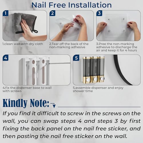 pollock Shampoo Conditioner Dispenser Shower Soap Dispenser 3 Chamber No Drill Shampoo Dispenser for Shower Wall Mounted Shampoo Conditioner Body Wash Dispenser for Bathroom Hotel Gold - Image 2