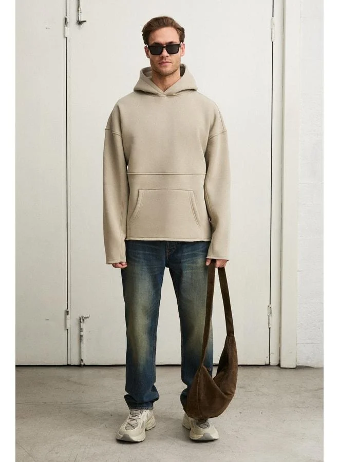 GRIMELANGE COLEGA Men's Soft-Fleece Lined Organic Cotton Kangaroo Pocket Stone-Colored Sweatshirt.