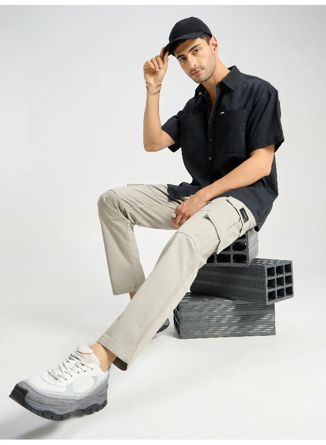Beyoung Mist Grey Solid Cargo Pants For Men