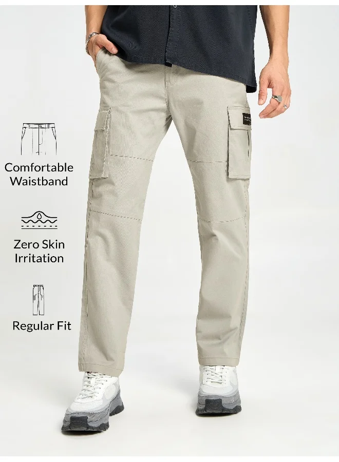 Beyoung Mist Grey Solid Cargo Pants For Men