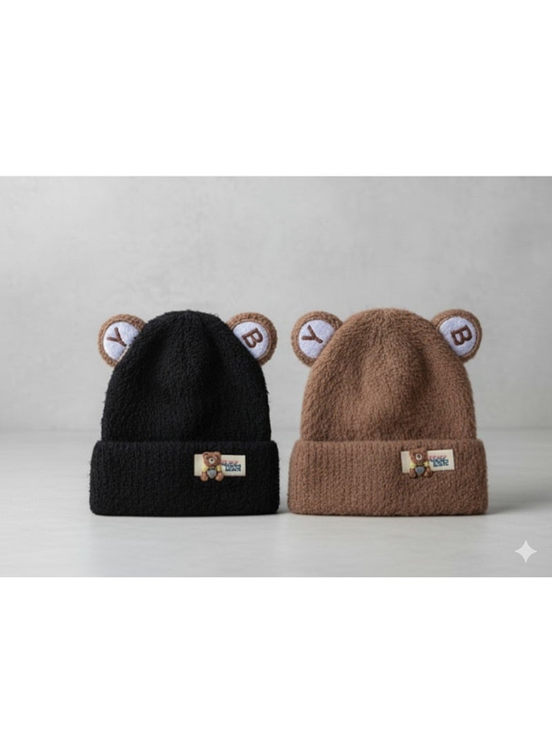 2ps Cute Bear Winter Hat for Kids! Adorable and cute design with pop-out ears and a smiling bear face, suitable for boys and girls from infancy up to approximately 6 years old. Perfect for everyday outings or playing outdoors during winter. Easy to wear and gives your child a fun and adorable look. - Image 1