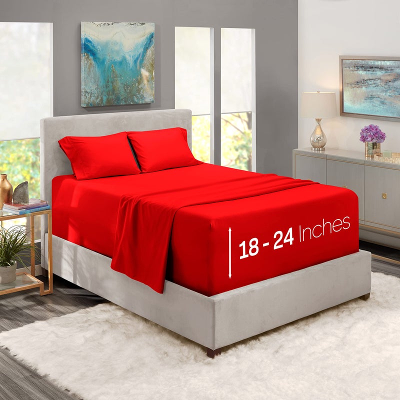 Nestl Nestl Queen Extra Deep Pocket Sheet Set - Cherry Red  4 Piece  Microfiber  18-24 Inches Deep  Stripe Pattern  - Image 1