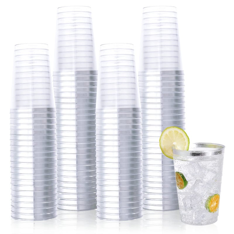Vplus 150 Pack 12 OZ Reusable Silver Rimmed Clear Plastic Cups Disposable Heavy Duty Plastic Cups for Party Christmas Wedding Thanksgiving Halloween
