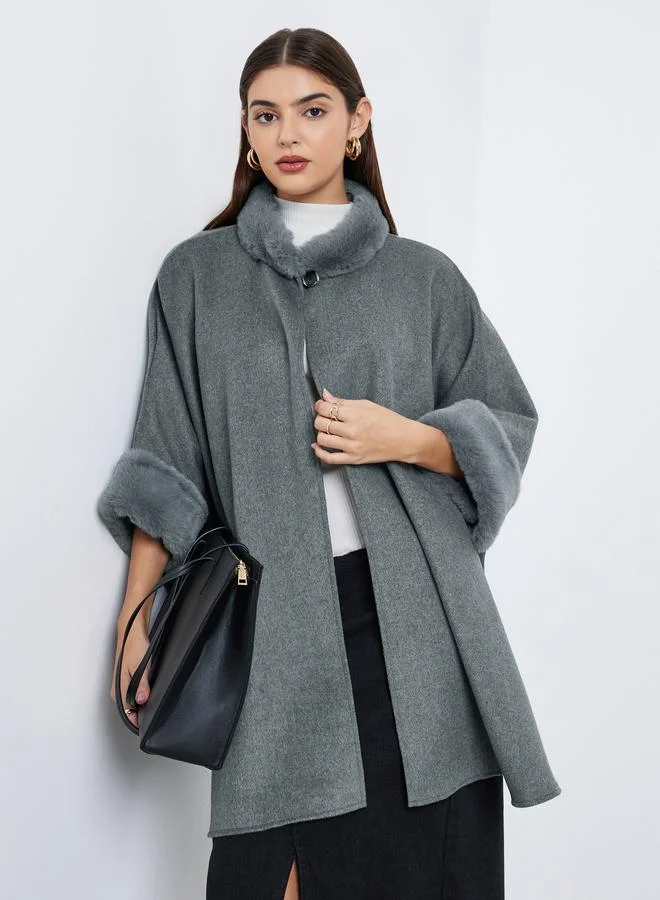 Styli Styli Grey Faux Fur Trim Oversized Cape Coat