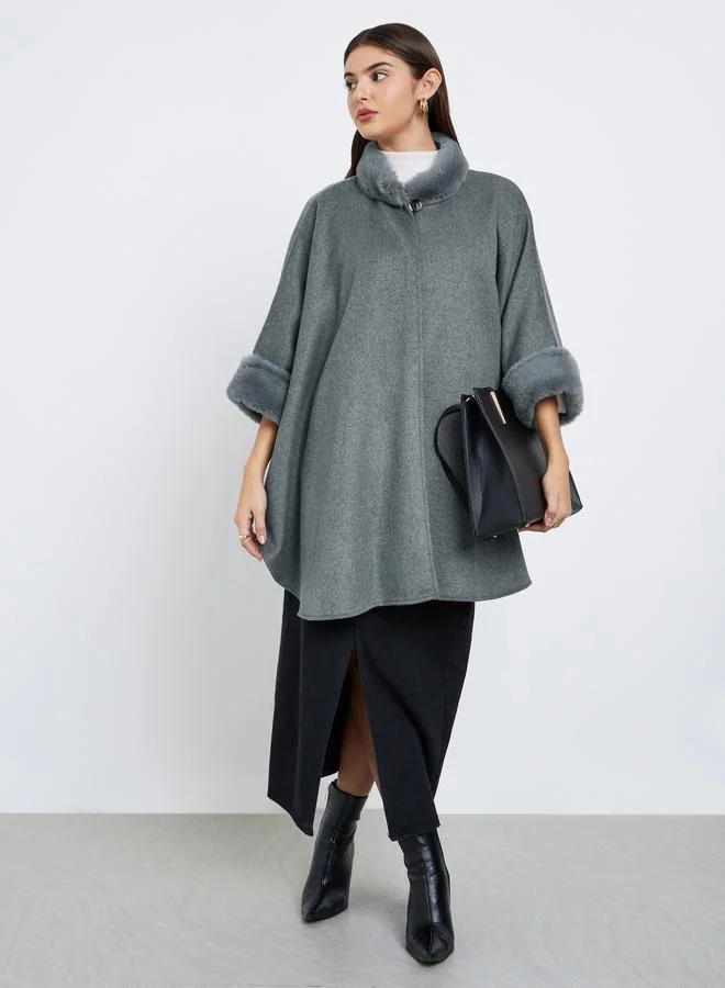 Styli Styli Grey Faux Fur Trim Oversized Cape Coat