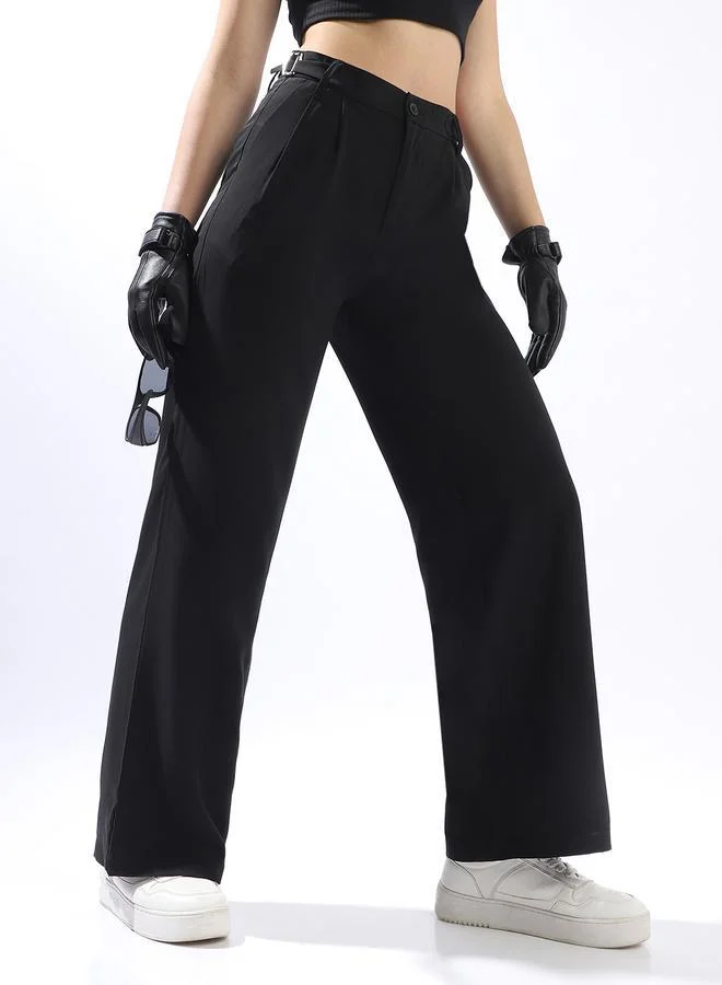 HIGH STAR Black Wide Leg Trousers for Women Wide Leg Fit 95% Polyester 5% Lycra Button Closure