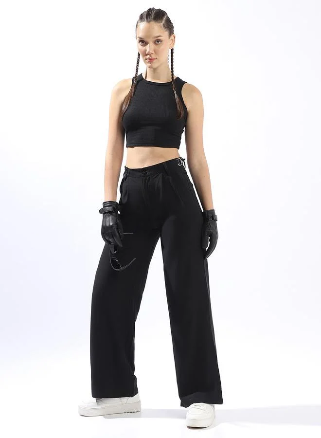 HIGH STAR Black Wide Leg Trousers for Women Wide Leg Fit 95% Polyester 5% Lycra Button Closure