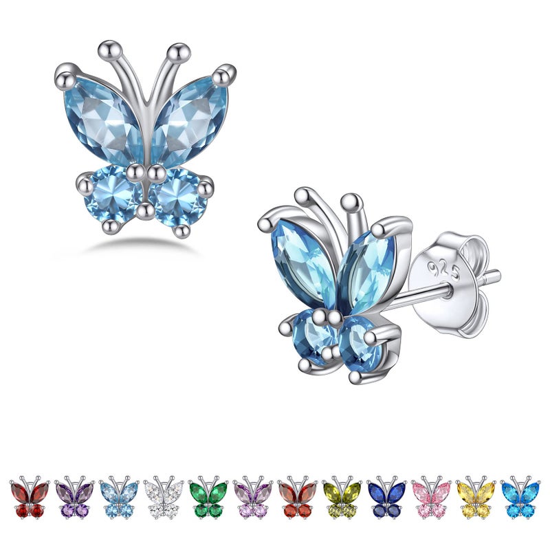 Bestyle Silver Butterfly Stud Earring, Sterling Silver, Aquamarine Birthstone, Hypoallergenic, 10.4mm - Image 1