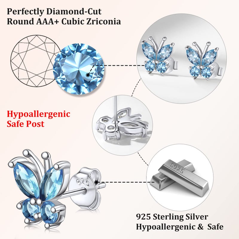 Bestyle Silver Butterfly Stud Earring, Sterling Silver, Aquamarine Birthstone, Hypoallergenic, 10.4mm - Image 5