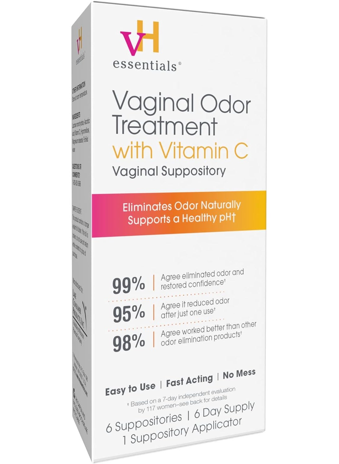 vH Essentials vH essentials Vaginal Odor Treatment with Vitamin C, Boric Acid Suppositories Alternative, Supports Balanced pH, Eliminates Naturally, Suppositories, 6 w/Applicator, White 
