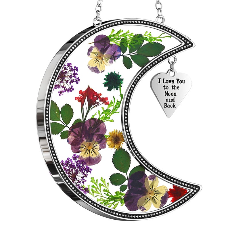 KY&BOSAM KYBOSAM Moon Suncatcher I Love You to The Moon and Back Glass Hangings for Window Wind Chimes Decor with Pressed Real Flower and Metal Charm Birthday Gifts for Women Mom Mothers Day 