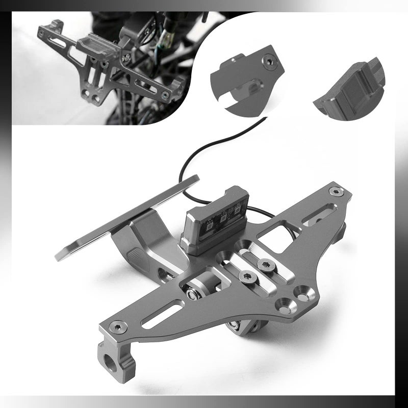 Universal Motorcycle License Plate Bracket Rear Tail Tidy License Plate Holder Mount Fender Eliminator with LED Light Adjustable CNC Aluminum Gray
