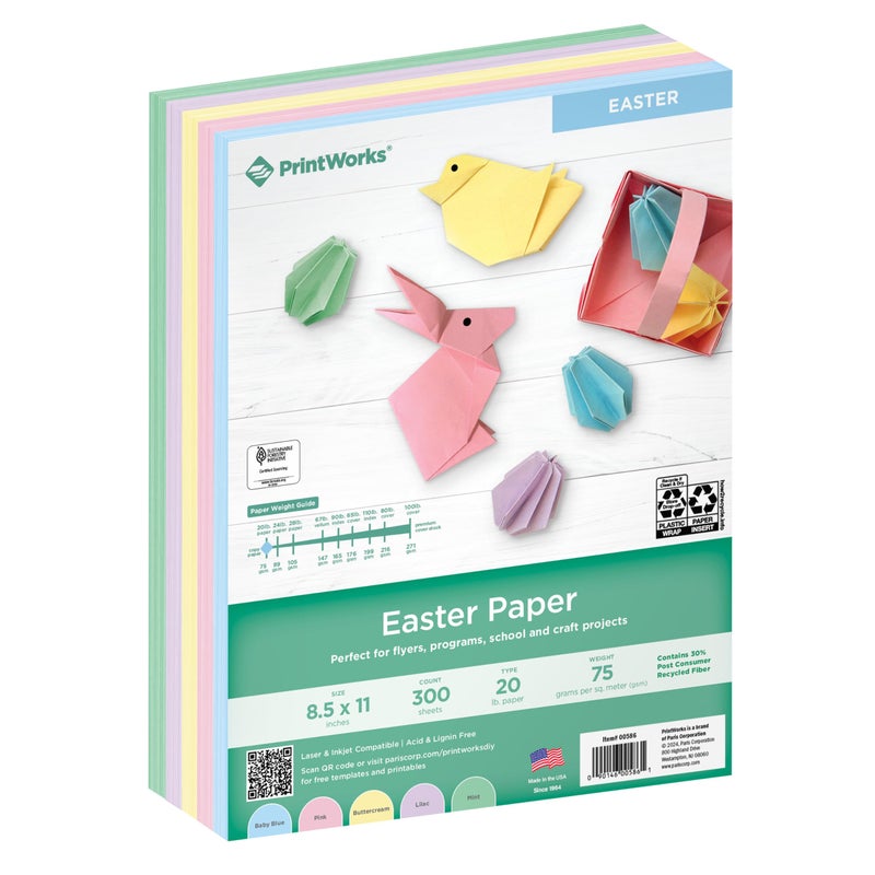 PrintWorks Easter Paper 8.5" x 11" - 300 Sheets - 5 Assorted Pastel Paper Colors - 30% Recycled - Ideal for School & Craft Projects - Made in The USA - SFIÂ® Certified - 20 lb/75 GSM (00586) - Image 1