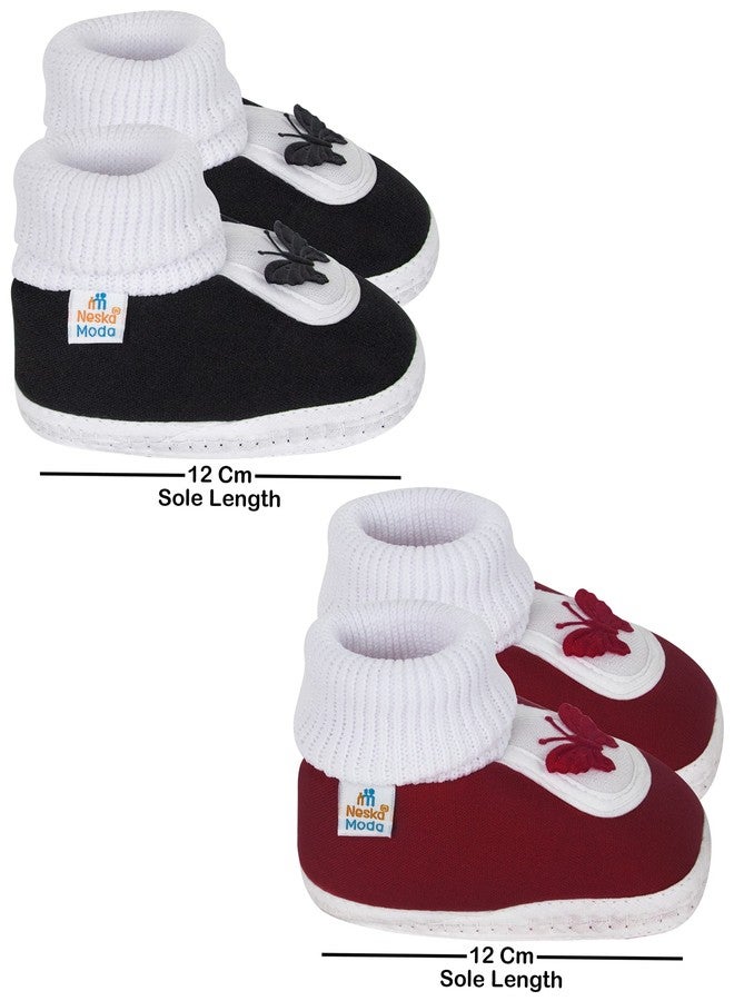 Neska Moda Set Of 2 Pair Unisex Baby Booties For 6 to 12 Months (Black, Maroon) - Image 2