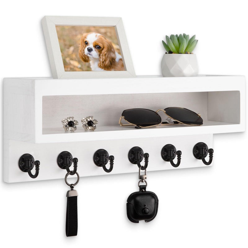 Lucundm Key and Mail Holder Wall Mount, Key Hanger with Long Storage Box and 6 Hooks for Coat, Dog Leash, Home Decor Rack, House Accessories, Entry Way Organizer (White) - Image 1