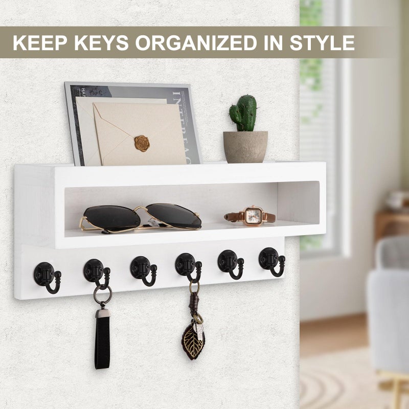 Lucundm Key and Mail Holder Wall Mount, Key Hanger with Long Storage Box and 6 Hooks for Coat, Dog Leash, Home Decor Rack, House Accessories, Entry Way Organizer (White) - Image 3