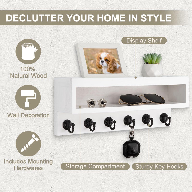 Lucundm Key and Mail Holder Wall Mount, Key Hanger with Long Storage Box and 6 Hooks for Coat, Dog Leash, Home Decor Rack, House Accessories, Entry Way Organizer (White) - Image 2