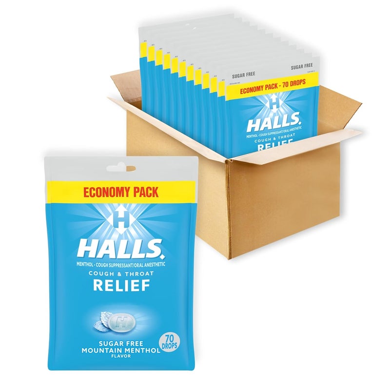Halls HALLS Relief Mountain Menthol Sugar Free Cough Drops, Economy Pack, 12 Bags of 70 Drops (840 Total Drops)