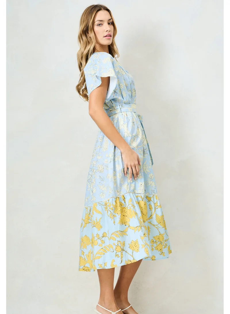 Hope & Ivy  Mixed Print V-Neck Midi Dress with Tie Waist for Women | Best Price UAE