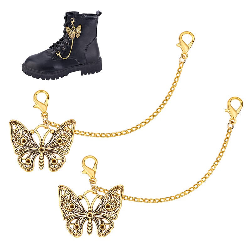 1set 2pcs Butterfly Iron Boot Strap Chains with Zinc Alloy Lobster Claw Clasps golden 170mm - Image 1