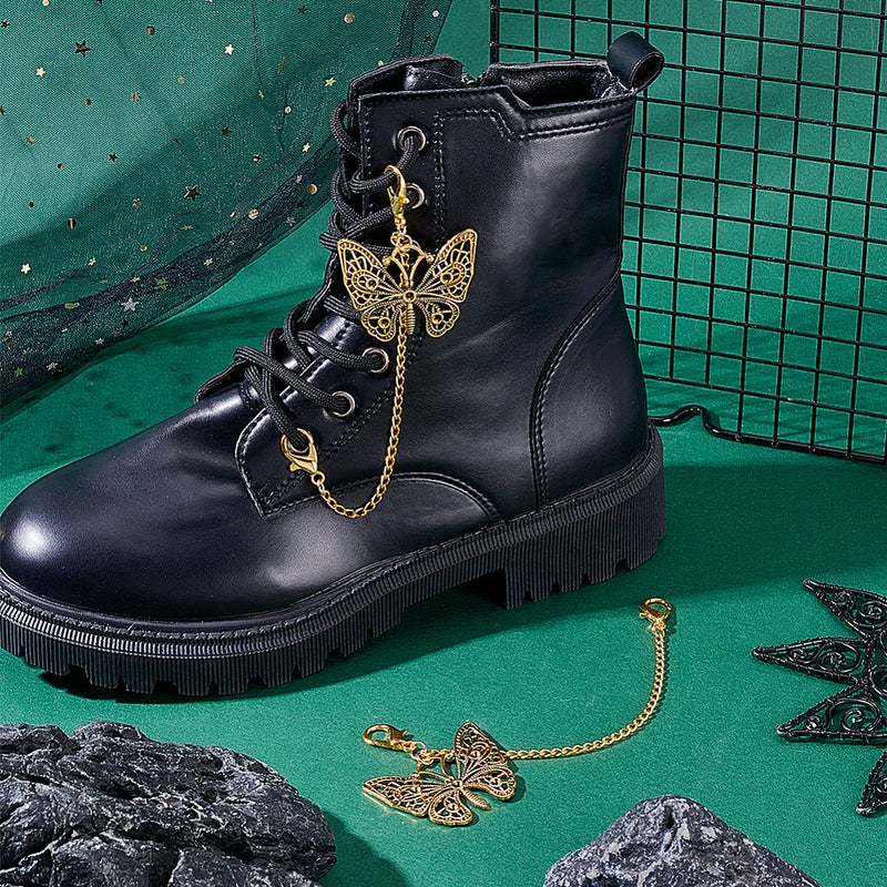 1set 2pcs Butterfly Iron Boot Strap Chains with Zinc Alloy Lobster Claw Clasps golden 170mm - Image 2