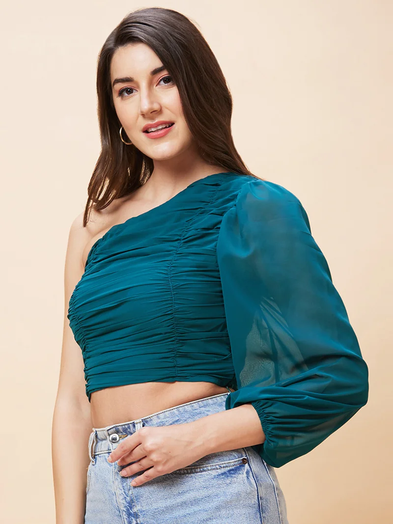 globus Women One Shoulder Ruched Crop Top