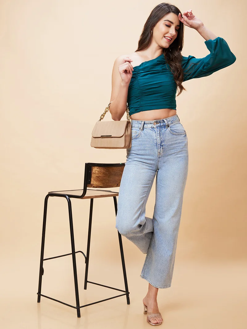 globus Women One Shoulder Ruched Crop Top