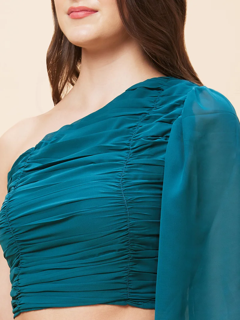 globus Women One Shoulder Ruched Crop Top