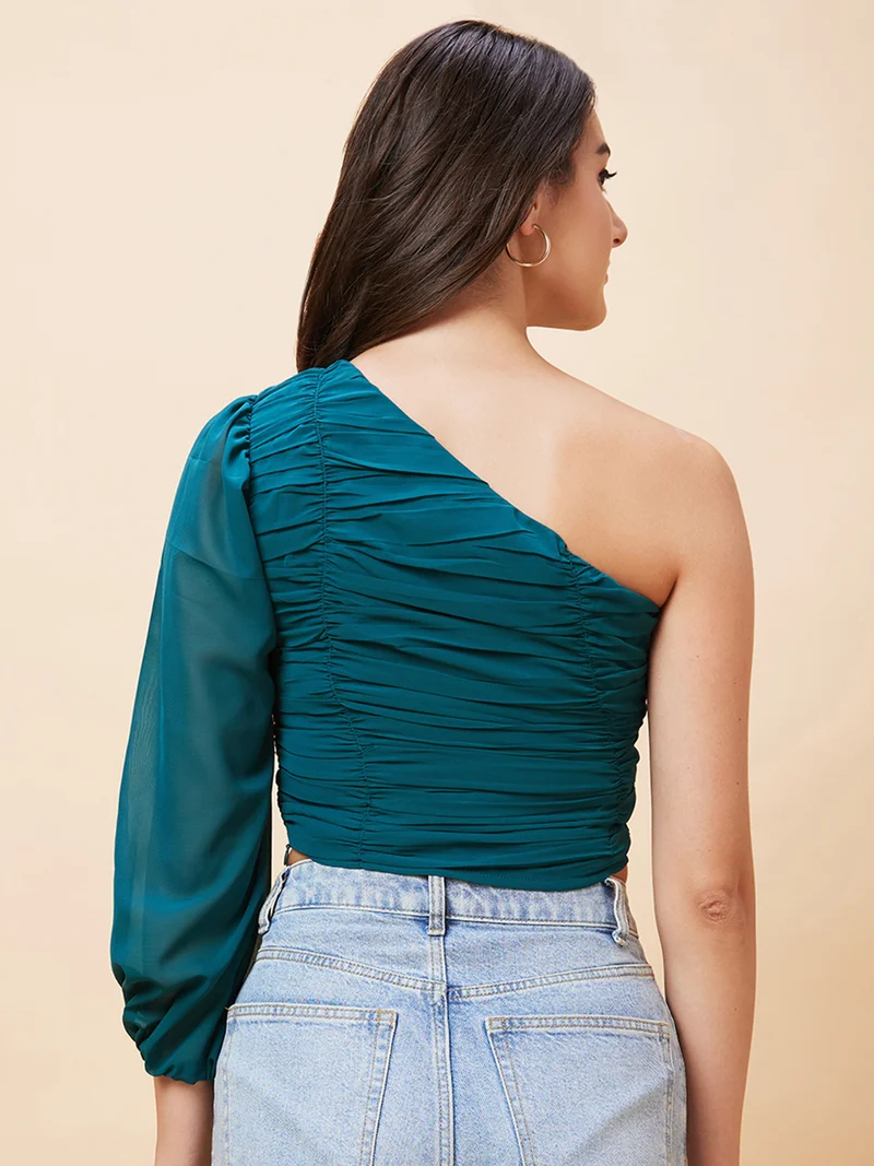 globus Women One Shoulder Ruched Crop Top