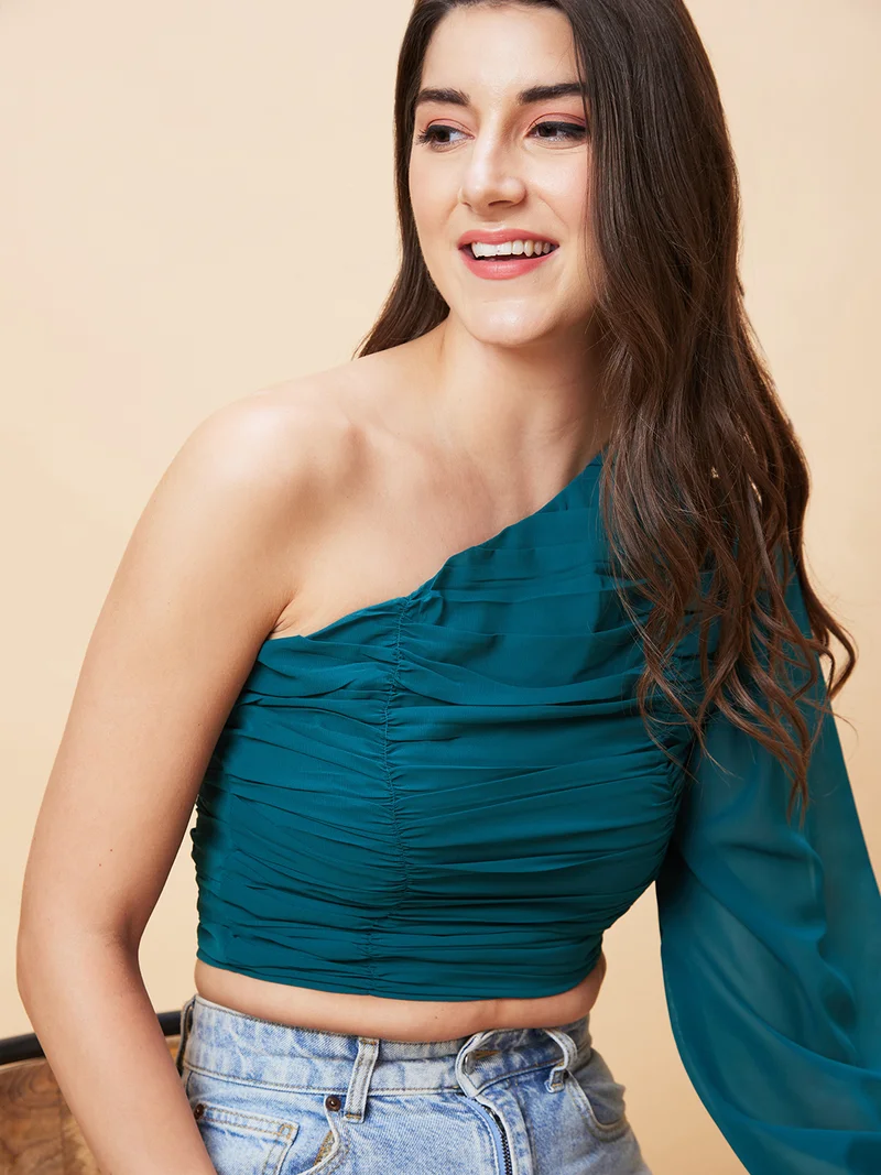 globus Women One Shoulder Ruched Crop Top