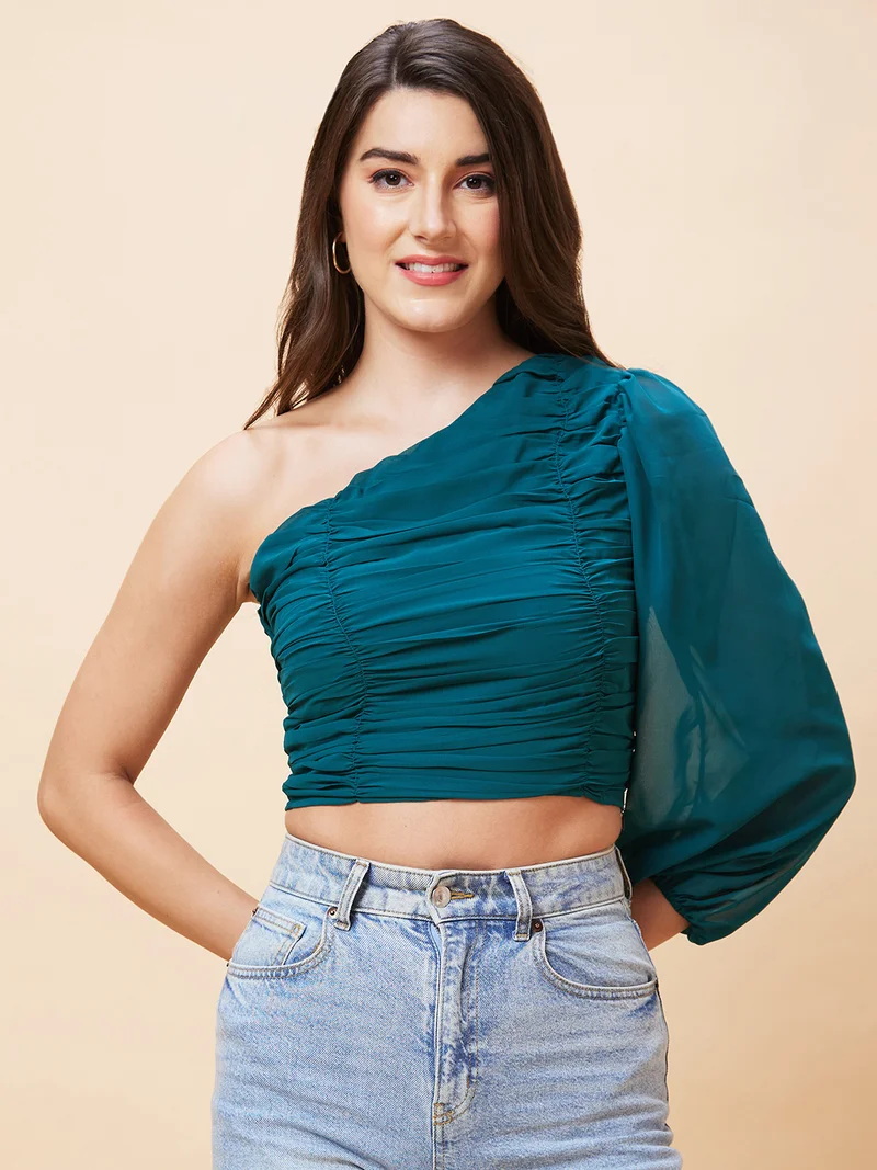 globus Women One Shoulder Ruched Crop Top